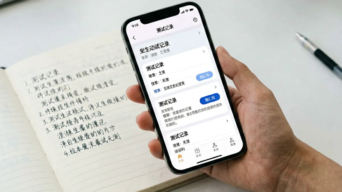 手机屏幕上显示海角社区最近地址的移动端核验界面，旁边有记录测试结果的笔记本